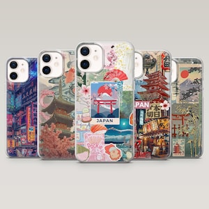 Puede incluir: Una colección de cinco fundas transparentes para teléfono con diseños de temática japonesa. Cada funda presenta un collage diferente de imágenes, incluyendo templos, flores de cerezo y paisajes urbanos. Una funda tiene la palabra "JAPAN".