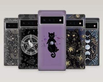 May include: Five phone cases with unique designs. One case is lavender with a black cat holding a crystal ball. Other cases feature celestial and occult themes, including moons, stars, and a pentagram with a cat. The cases have a clear border.