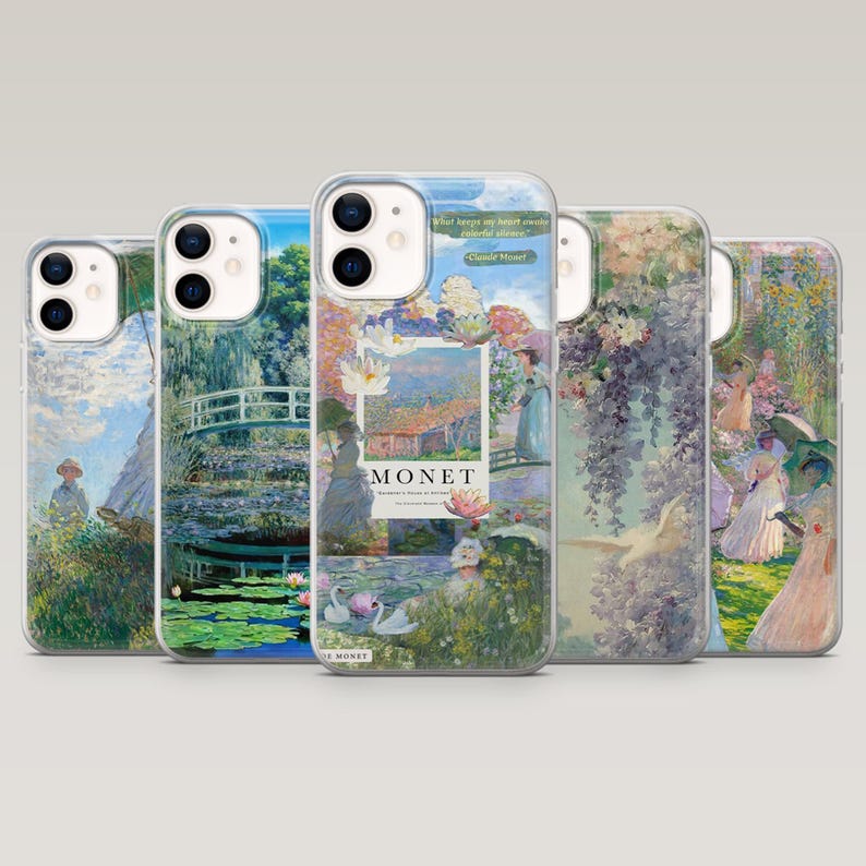 May include: Set of five phone cases featuring different paintings by Claude Monet. The cases are clear and show the paintings through the plastic. The paintings include water lilies, a bridge over water, and a garden scene.