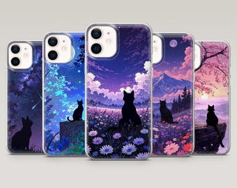Black Cat Phone Case Nature Kawaii Cat Cover for iPhone 17Pro, 16, 15, 14, 13, 12, Samsung S25, S24, S23, S22, A16, A26, A56, Pixel 10, 9Pro