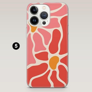 May include: A phone case with a floral design. The case features a pattern of abstract shapes in shades of red, pink, and orange against a cream background. The number 5 is in a black circle in the corner.