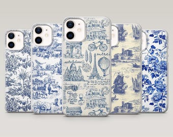 Blaue Toile Handytasche French Toile Blue Aesthetic Cover für iPhone 17, 16, 15, 14, 13, 12, Samsung S25, S24, S23, S22, A16, A26, Pixel 10, 9