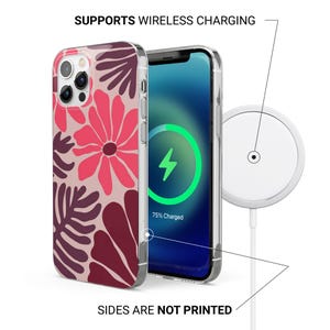 May include: A clear phone case with a floral design in shades of pink and burgundy. The phone screen displays a charging symbol. The text reads, "SUPPORTS WIRELESS CHARGING" and "SIDES ARE NOT PRINTED."