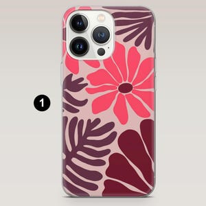 May include: A clear phone case featuring a floral design. The case has a light pink background with large flowers and leaves in shades of red and burgundy. The phone's camera lenses are visible.