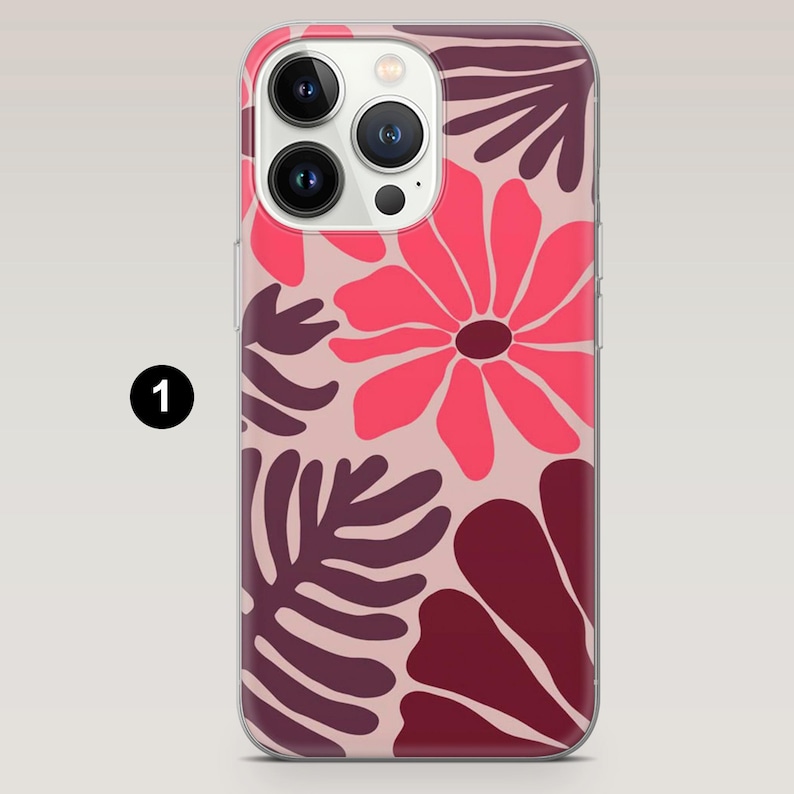 May include: A clear phone case featuring a floral design. The case has a light pink background with large flowers and leaves in shades of red and burgundy. The phone's camera lenses are visible.