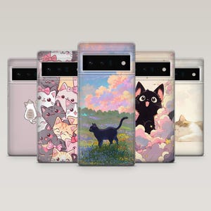 May include: Four different phone cases with cat designs. The first case features a pink and white design with many cartoon cats. The second case features a black cat walking through a field of flowers. The third case features a black cat with a surprised expression on a cloud background. The fourth case features a white and brown cat sleeping on a beige background.