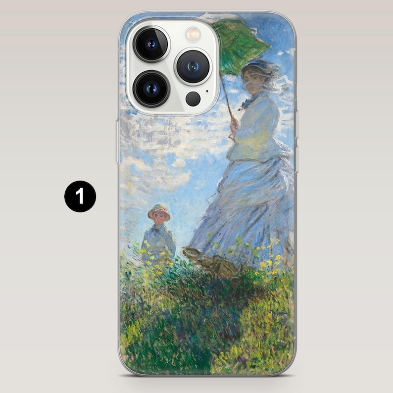 May include: A painting of a woman in a blue dress holding a green umbrella walking in a field of flowers with a child in a brown hat standing behind her.