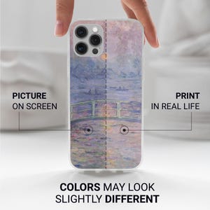 May include: A clear phone case with a split design. One side shows a painting of a bridge over water, labelled "Picture on Screen," and the other side shows the "Print in Real Life." The text "COLORS MAY LOOK SLIGHTLY DIFFERENT" is at the bottom of the case.