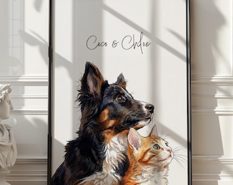 Pode incluir: Impressão artística emoldurada com uma ilustração em aquarela de um cão e um gato olhando para cima. O cão é preto, marrom e branco, e o gato é laranja e branco. O texto "Coco & Chloe" está escrito acima.