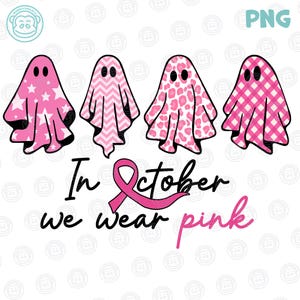 Op de afbeelding: Een digitale afbeelding met vier roze geesten met verschillende patronen: sterren, chevrons, luipaardprint en ruitjes. De tekst "In October we wear pink" staat eronder, met een roze lint.