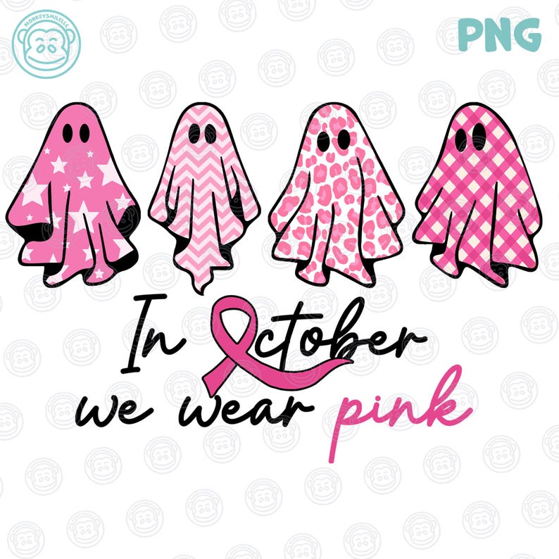 Op de afbeelding: Een digitale afbeelding met vier roze geesten met verschillende patronen: sterren, chevrons, luipaardprint en ruitjes. De tekst "In October we wear pink" staat eronder, met een roze lint.