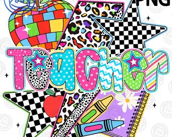 Retro Teacher, png, luipaardgeblokte appel, ster (digitale download)