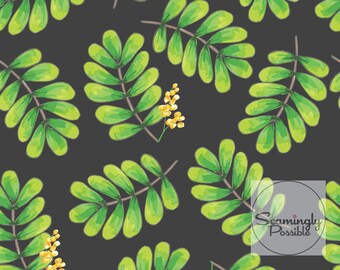 Digital pattern download, seamless design. Acacia leaves with a grey background, fabric design