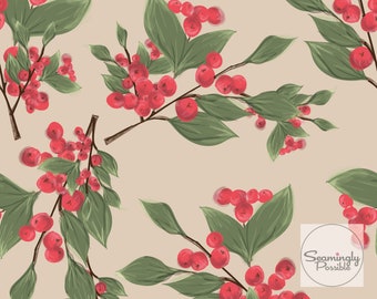 Winter Berries seamless pattern, seamless design, floral digital design, repeat pattern, fabric design