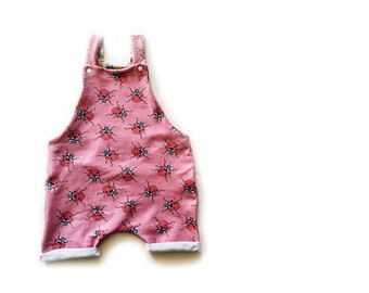 Ladybird Shortie romper, dungaree style, children's shortie romper in pink ladybug pattern