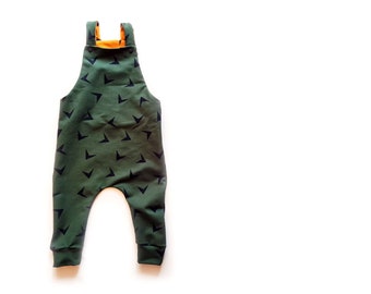 Kids Dungarees romper in a green arrowhead print. Handmade baby clothes