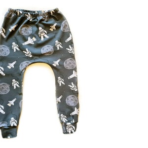 Baby slim harem pants in grey spacemen, baby and childrens trousers