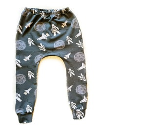 Baby slim harem pants in grey spacemen, baby and childrens trousers