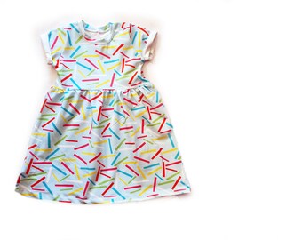 Kids Party Dress, sprinkle print, confetti fabric, jersey t-shirt dress, baby clothes
