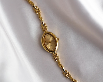 Goldene Armbanduhr im Vintage-Stil | Elegante Armbanduhr im Stil des alten Geldes | Elegante ovale Retro-Cocktailuhr für Damen | Elegantes Valentinstagsgeschenk für Sie