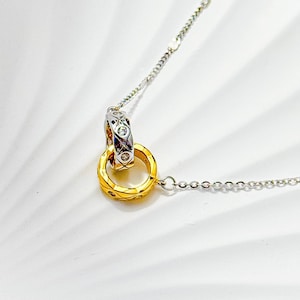Può includere: Una collana a catena d'argento con un ciondolo a doppio anello in oro e argento. Gli anelli sono intrecciati e hanno un design testurizzato.