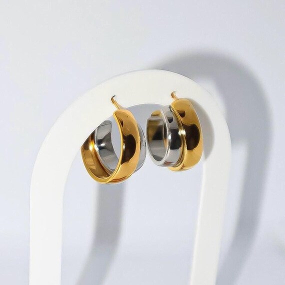 Orecchini A Cerchio Bicolore Oro E Argento A Forma Di Cuore Per Donna - Metallo Misto Ipoallergenico, 2,5 Cm