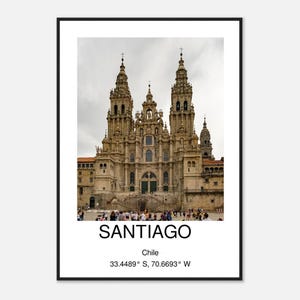 Santiago, Chili kunst aan de muur kleur, opgerolde poster print, Wanderlust Home decor, Zuid-Amerika stadsgezicht cadeau, kaart artwork souvenir, reisposter
