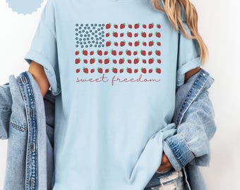 Strawberry Flag Tshirt, Semiquincentennial Patriotic T-Shirt, Comfort Color Sweet Freedom Fourth Of July Shirt, Strawberries Blueberries Tee
