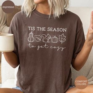 May include: A dark brown short-sleeve t-shirt featuring white line art of a gourd, a leaf, a squirrel, a pumpkin, and a maple leaf. The text reads TIS THE SEASON to get cozy in a mix of block and script fonts centered on the chest.