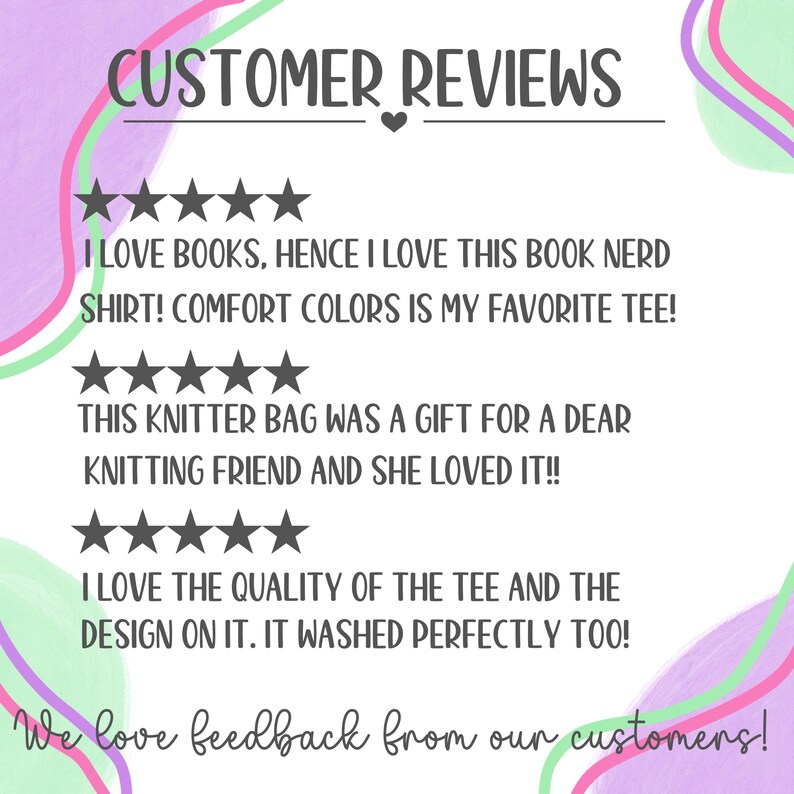 May include: A graphic with the words "CUSTOMER REVIEWS" at the top, followed by customer testimonials. The reviews include star ratings and comments about a book nerd shirt, a knitter bag, and the quality of a tee.