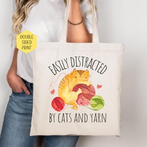 Knitting Tote, Knitting Project Canvas Bag, Yarn Cat Lovers Tote Bag, Gift For Knitter, Eco-Friendly Reusable Bag, Knitting Accessories Tote