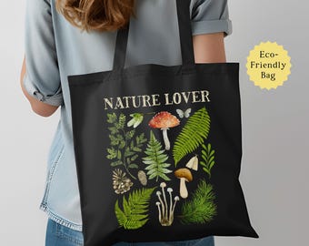 Mushroom Tote Bag, Cottagecore Vintage Mushrooms Canvas Bag, Nature Lovers Cotton Tote, Botanical Print Book Bag, Science Teacher Gift Tote