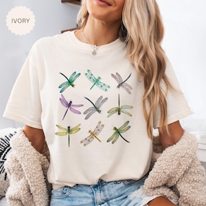 Dragonfly T-shirt, Comfort Colors®, Watercolor Dragonflies Shirt, Nature Lover Gift, Women&#39;s Colorful Insect Tee, Trendy Dragonflies Tshirt