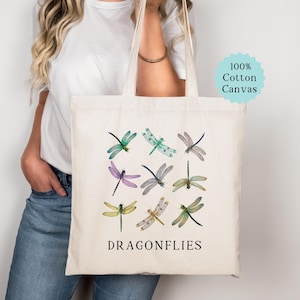 Dragonfly Tote Bag, Watercolor Dragonflies Canvas Bag, Cute Gift For Dragonfly Lover, Reuasable Eco-Friendly Vintage Insects Cotton Tote Bag