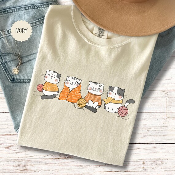 Womens Knitting T-Shirt, Comfort Colors, Cute Cats And Yarn Knitters Tshirt, Yarn Lovers Tee, Trendy Knitting Club Shirt, Gift For Knitters