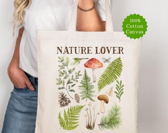 Mushroom Tote Bag, Nature Lover Canvas Bag, Vintage Mushrooms Cotton Tote, Cottagecore Botanical Book Bag, Teachers Gift, Gardeners Tote Bag