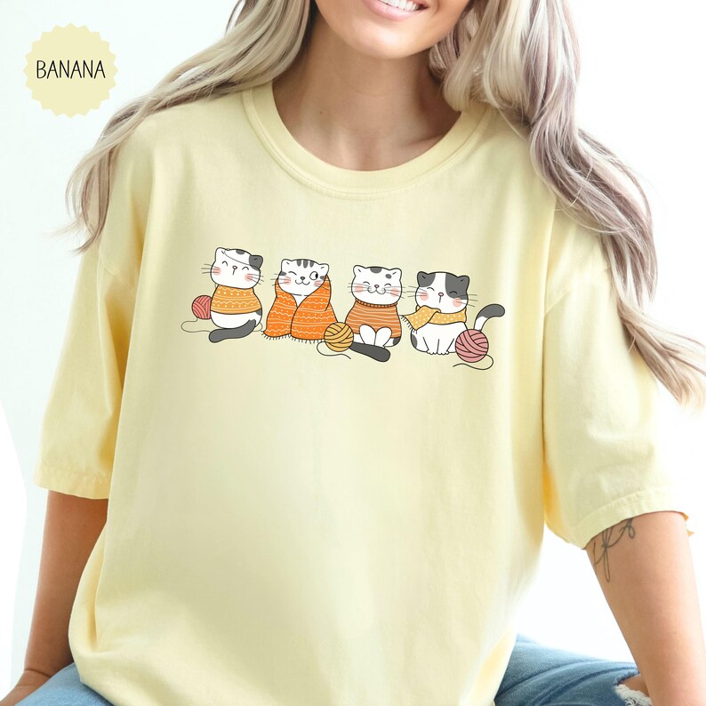 Womens Knitting T-Shirt, Comfort Colors, Cute Cats And Yarn Knitters Tshirt, Yarn Lovers Tee, Trendy Knitting Club Shirt, Gift For Knitters Banana