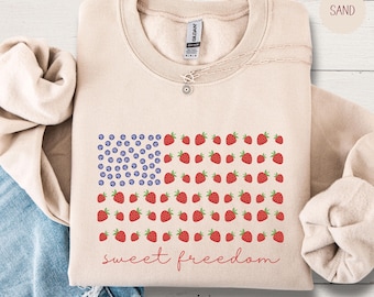 Americana Summer Berries Flag Sweatshirt, Strawberry Shirt, Cute Patriotic Flag Sweater, Sweet Freedom Sweater, Womens American Flag Shirt
