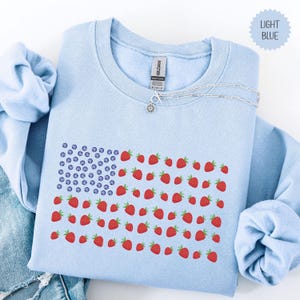 Strawberry Sweatshirt, Cute Patriotic Flag Sweater, Americana Summer Berries Flag Crewneck, Fourth Of July Sweater