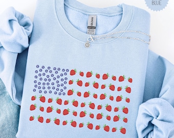 Strawberry Sweatshirt, Cute Patriotic Flag Sweater, Americana Summer Berries Flag Crewneck, Fourth Of July Sweater