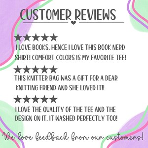 May include: A graphic displaying customer reviews with star ratings. Text includes comments such as "I love this book nerd shirt!" and "This knitter bag was a gift." The background has pastel green, pink, and purple accents.