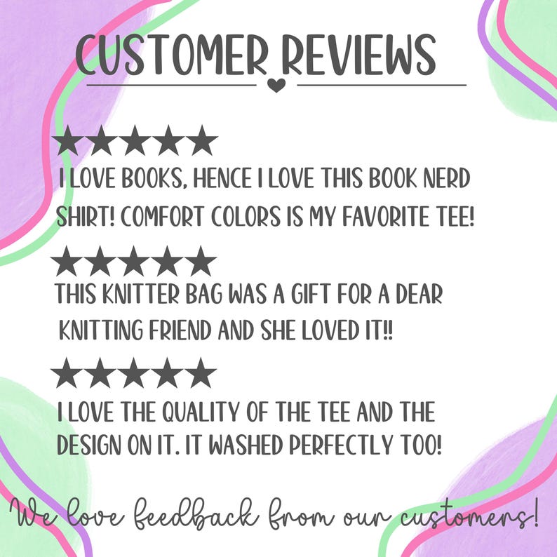 May include: A graphic displaying customer reviews with star ratings. Text includes comments such as "I love this book nerd shirt!" and "This knitter bag was a gift." The background has pastel green, pink, and purple accents.