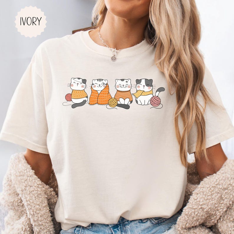 Womens Knitting T-Shirt, Comfort Colors, Cute Cats And Yarn Knitters Tshirt, Yarn Lovers Tee, Trendy Knitting Club Shirt, Gift For Knitters Ivory