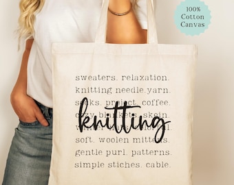 Knitters Tote, Knitting Project Canvas Bag, Trendy Yarn Lover Tote Bag, Knitter's Gift, Eco-Friendly Reusable Bag, Knitting Accessories Tote