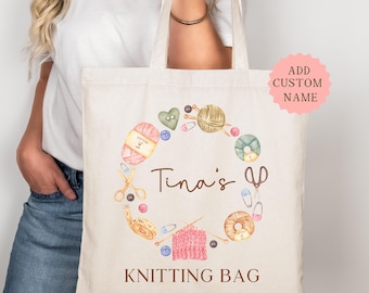 Knitting Tote Bag, Personalized Knitters Gift, Knitting Project Canvas Tote, Yarn Lovers Gift, Custom Name Tote