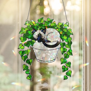 Holographic Siamese Cat in Ivy Plant Suncatcher, Acrylic Window Hanging, Cat Lover Gift, Mother&#39;s Day Home Decor, Siamese Lovers Spring Gift