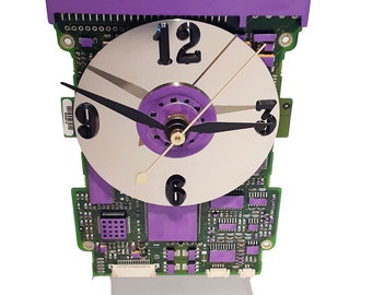 Circuit Board Clock Hand-Painted Purple with Laptop Disk Platter, Amazing Geek Art. Got Gift, Office Gift, Gift for a Geek? Got Purple Clock