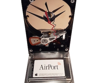 Hard Drive Clock, Apple "Airport" on Base. Electronic Gadget. Company Gift, Geek Gift, Nerd Gift, Novelty Gift.  Unusual Clock. Cool!