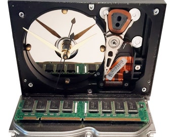 Geek Clock, Unique Hard Drive Clock is an Amazing Clock. Got Office Gift, Award Clock, Desk Clock? RAM Memory Circuit Board on the Base.