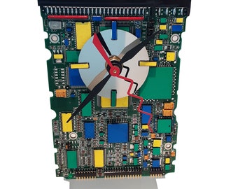 Circuit Board Clock Hand-Painted with Laptop Disk Platter, Amazing Geek Art. Got Gift, Office Gift, Gift for a Geek? One-of-a-Kind!